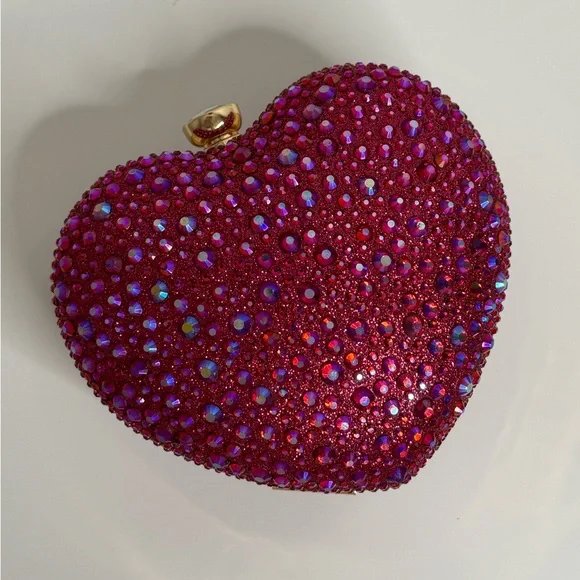 Ramla Amour Raspberry Pink Rhinestone Heart Clutch Evening Bag  $189 New - Picture 8 of 9
